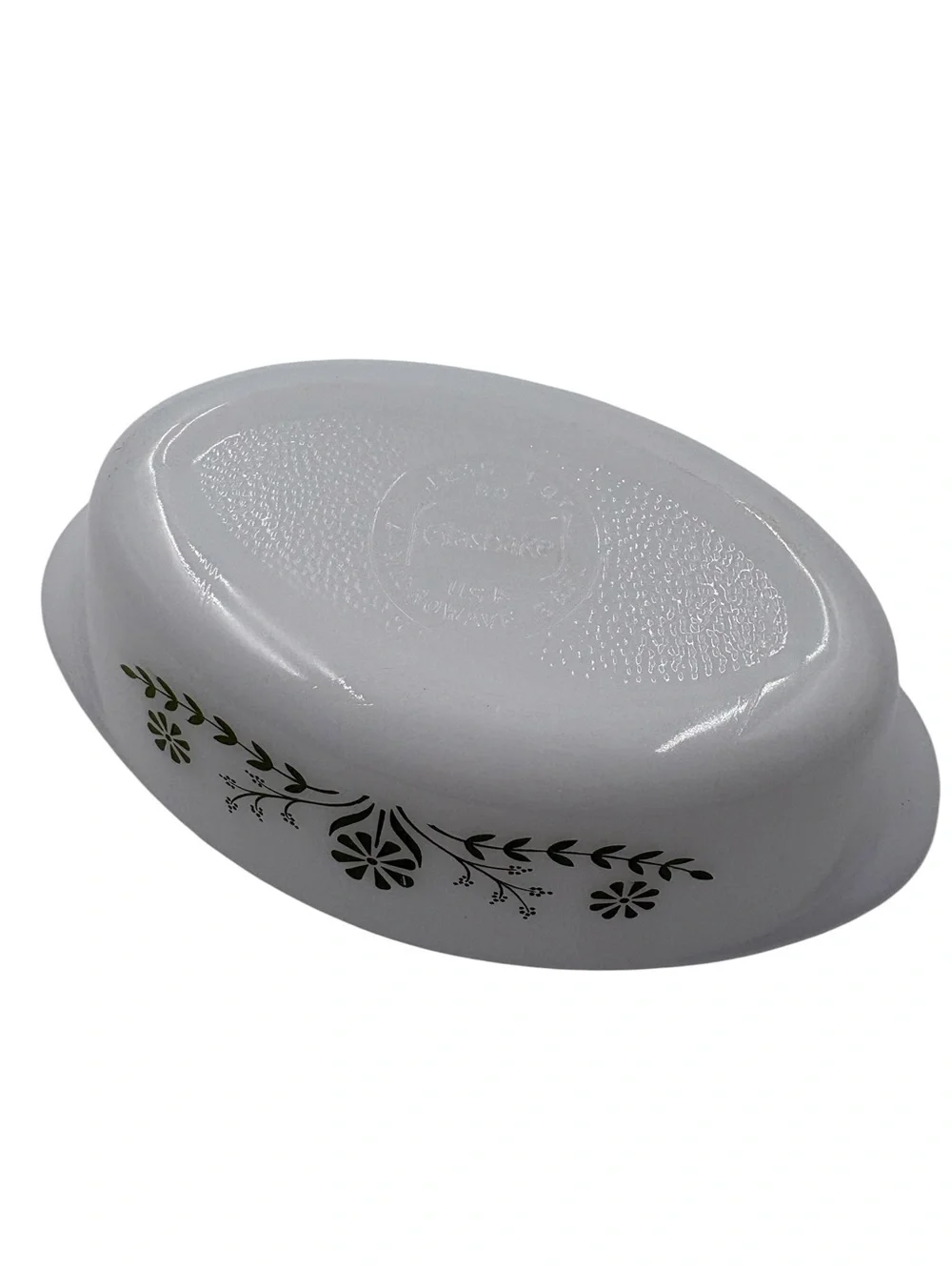 Vintage Glasbake J235 1 Qt Oval Covered Casserole Dish Green Daisy Primrose Lid